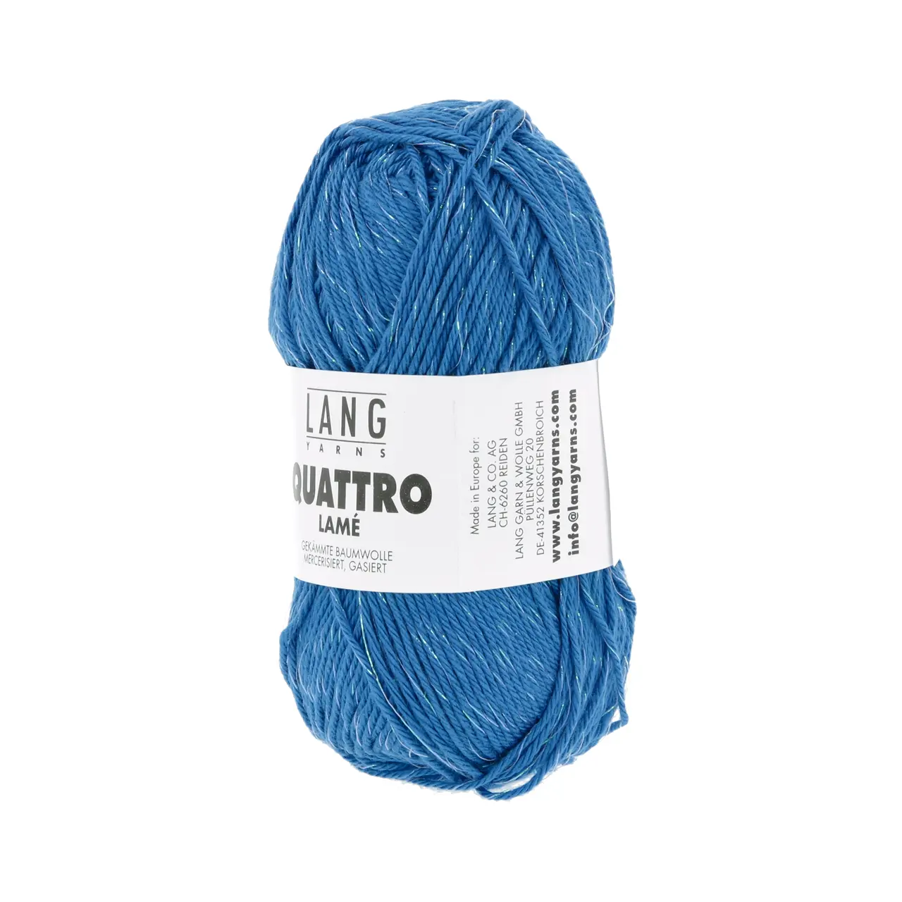 Quattro Lamé 10 Lapislazuli von Lang Yarns. Dieses Garn eignet sich perfekt für die Herstellung von Sommeraccessoires aber auch für Kinderkleidung da es sehr leicht zu waschen ist. Es ist ein mercerisiertes Garn das ihm einen schönen Glanz verleiht. Es ist ein strapazierfähiges Garn mit einer großen Farbpalette und vielen Metern pro Knäuel so dass Sie mit Vergnügen häkeln oder stricken können. Der wunderschöne Glitzerfaden sorgt für die schillerndsten Kreationen.