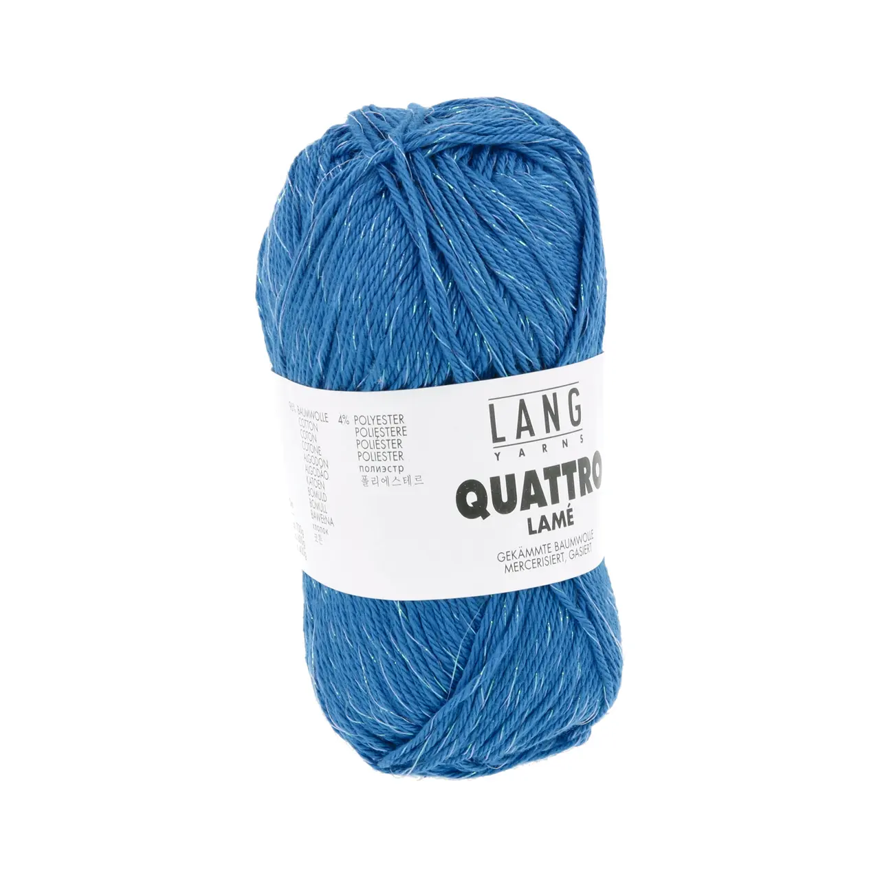 Quattro Lamé 10 Lapislazuli von Lang Yarns. Dieses Garn eignet sich perfekt für die Herstellung von Sommeraccessoires aber auch für Kinderkleidung da es sehr leicht zu waschen ist. Es ist ein mercerisiertes Garn das ihm einen schönen Glanz verleiht. Es ist ein strapazierfähiges Garn mit einer großen Farbpalette und vielen Metern pro Knäuel so dass Sie mit Vergnügen häkeln oder stricken können. Der wunderschöne Glitzerfaden sorgt für die schillerndsten Kreationen.