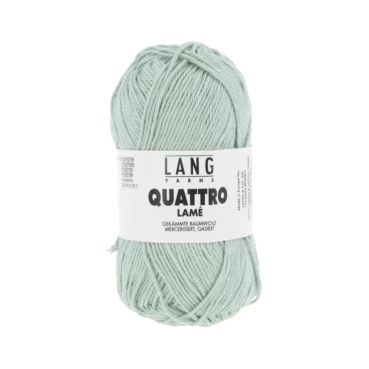 Quattro Lamé 93 Efeu von Lang Yarns. Dieses Garn eignet sich perfekt für die Herstellung von Sommeraccessoires aber auch für Kinderkleidung da es sehr leicht zu waschen ist. Es ist ein mercerisiertes Garn das ihm einen schönen Glanz verleiht. Es ist ein strapazierfähiges Garn mit einer großen Farbpalette und vielen Metern pro Knäuel so dass Sie mit Vergnügen häkeln oder stricken können. Der wunderschöne Glitzerfaden sorgt für die schillerndsten Kreationen.