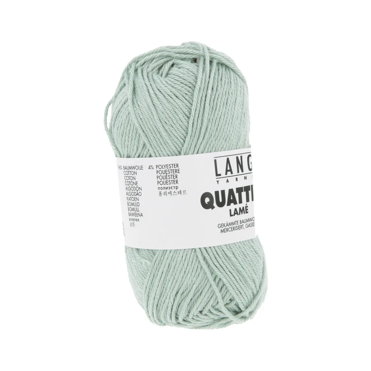 Quattro Lamé 93 Efeu von Lang Yarns. Dieses Garn eignet sich perfekt für die Herstellung von Sommeraccessoires aber auch für Kinderkleidung da es sehr leicht zu waschen ist. Es ist ein mercerisiertes Garn das ihm einen schönen Glanz verleiht. Es ist ein strapazierfähiges Garn mit einer großen Farbpalette und vielen Metern pro Knäuel so dass Sie mit Vergnügen häkeln oder stricken können. Der wunderschöne Glitzerfaden sorgt für die schillerndsten Kreationen.