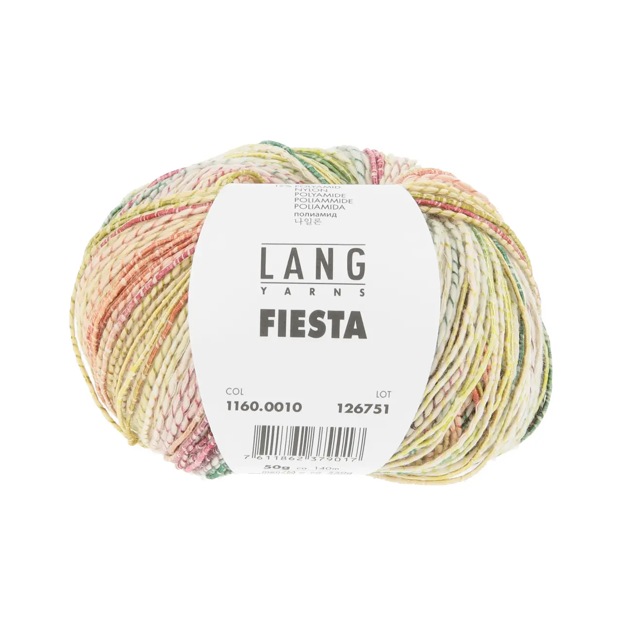 Fiesta 10 Dunkelgrün/Orange/Gelb/Rosa von Lang Yarns. FIESTA ist ein lebhaftes und verspieltes Garn mit einem weißen Baumwollkern der mehr oder weniger dicht mit einem mehrfarbigen Nylonfaden umwickelt ist. Je nach Farbe und Dichte der Umwicklung hat das Garn ein unterschiedliches Erscheinungsbild. Dieses Garn zeichnet sich durch seinen dynamischen und bunten Charakter aus und ist perfekt für sommerliche Projekte. Egal ob für auffällige Einzelstücke oder fröhliche Accessoires FIESTA bringt