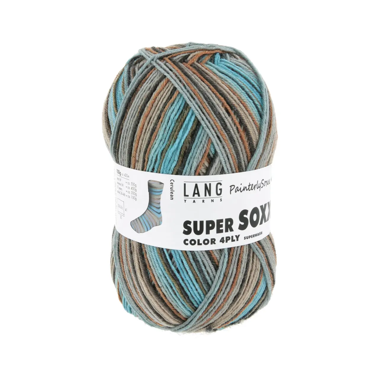 Super Soxx Color 4-Fach 548 Hellblau/Braun 1150 Cerulean von Lang Yarns.