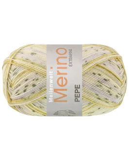 Meilenweit 100 Merino Extrafine Pepe <br>4141&nbsp;Senf/<wbr>Vanille/<wbr>Weißgrün/<wbr>Graugrün/<wbr>Lila
