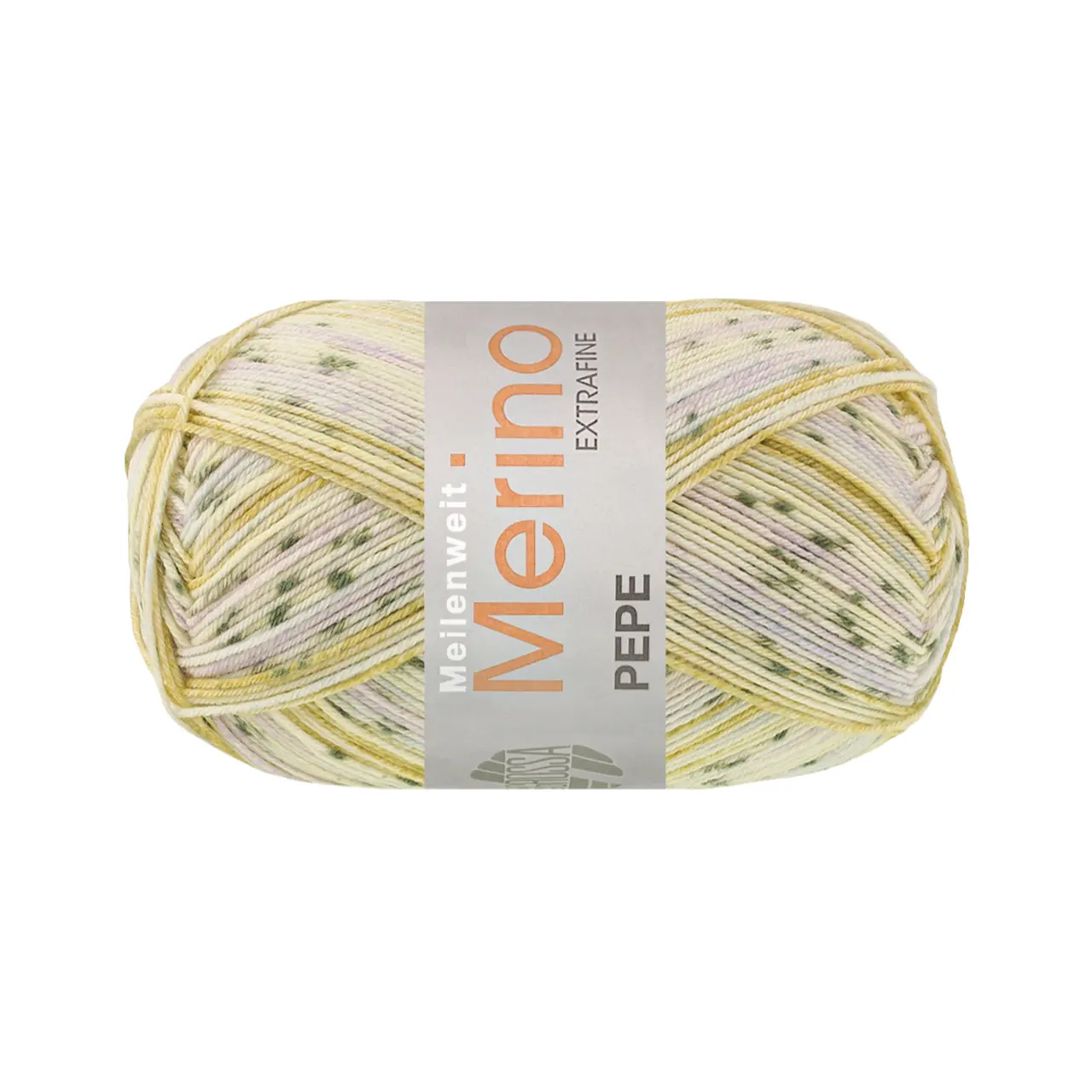 Meilenweit 100 Merino Extrafine Pepe 4141 Senf/Vanille/Weißgrün/Graugrün/Lila von Lana Grossa. Hochwertiges Sockengarn aus extrafeiner Merino-Wolle waschmaschinenfest