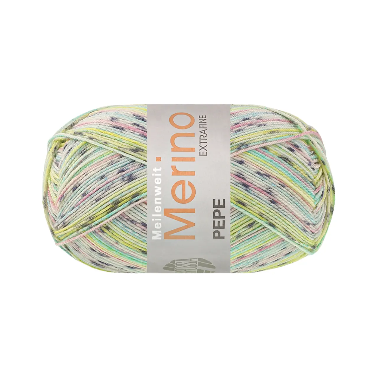 Meilenweit 100 Merino Extrafine Pepe 4145 Zitrusgelb/Mint/Creme/Dunkelgrau/Hellpink/Frühlingsgrün von Lana Grossa. Hochwertiges Sockengarn aus extrafeiner Merino-Wolle waschmaschinenfest