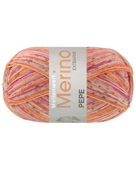 Meilenweit 100 Merino Extrafine Pepe <br>4146&nbsp;Orangerot/<wbr>Creme/<wbr>Dunkelgrau/<wbr>Orangegelb/<wbr>Pink/<wbr>Fuchsia