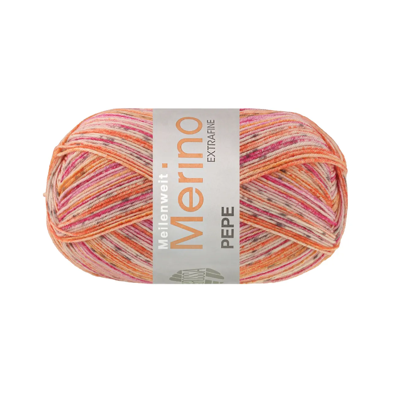 Meilenweit 100 Merino Extrafine Pepe 4146 Orangerot/Creme/Dunkelgrau/Orangegelb/Pink/Fuchsia von Lana Grossa. Hochwertiges Sockengarn aus extrafeiner Merino-Wolle waschmaschinenfest