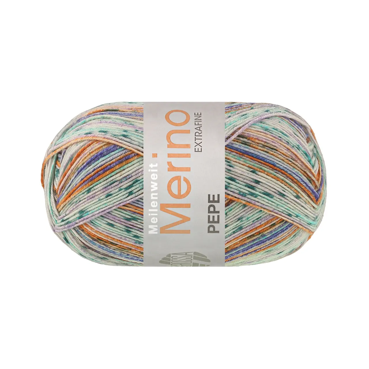Meilenweit 100 Merino Extrafine Pepe 4147 Orangebraun/Lila/Creme/Dunkelgrün/Türkis/Blauviolett von Lana Grossa. Hochwertiges Sockengarn aus extrafeiner Merino-Wolle waschmaschinenfest