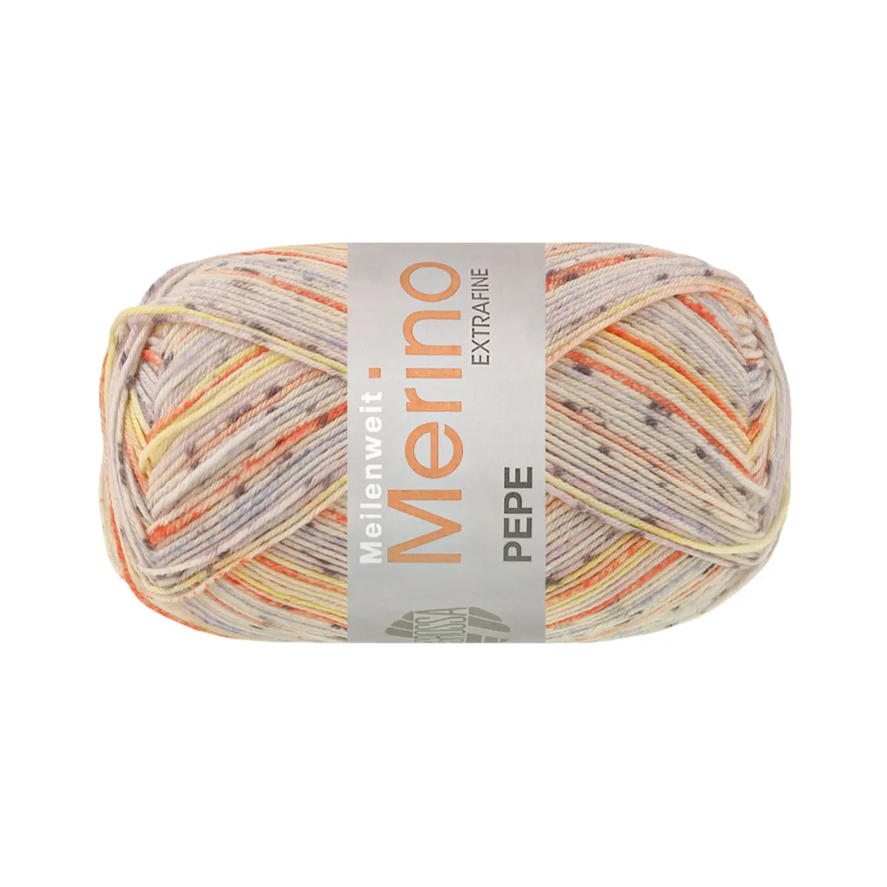 Meilenweit 100 Merino Extrafine Pepe 4148 Hellgelb/Hellbeige/Orange/Leinengrau/Grau/Blasslila/Pastellblau von Lana Grossa. Hochwertiges Sockengarn aus extrafeiner Merino-Wolle waschmaschinenfest