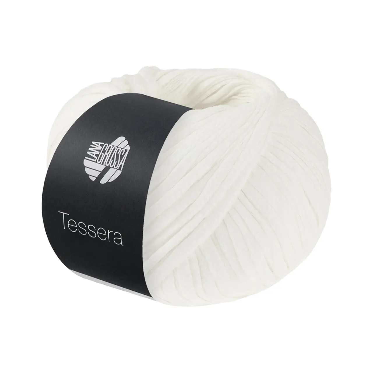 Tessera 20 Weiß von Lana Grossa. Hochwertiges schmales Baumwoll-Bändchengarn in matter-papierfeiner Optik