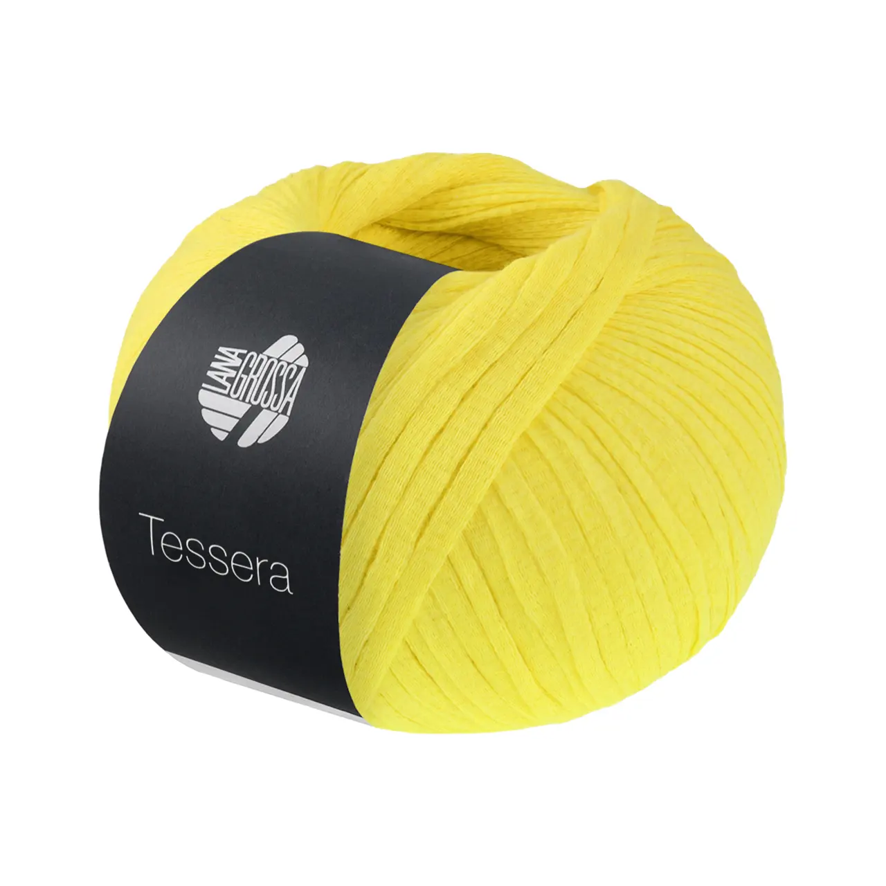 Tessera 4 Gelb von Lana Grossa. Hochwertiges schmales Baumwoll-Bändchengarn in matter-papierfeiner Optik