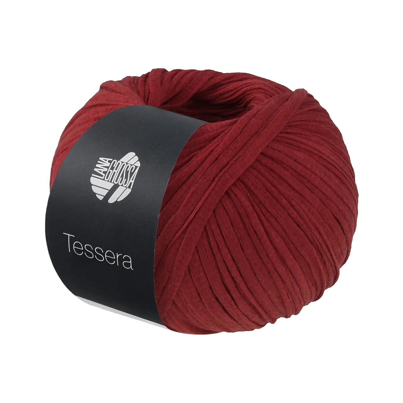 Tessera 8 Weinrot von Lana Grossa. Hochwertiges schmales Baumwoll-Bändchengarn in matter-papierfeiner Optik