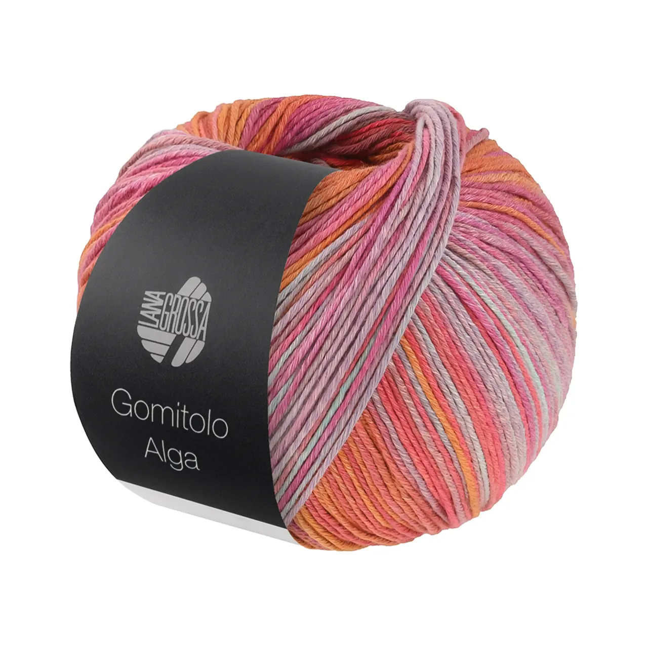Gomitolo Alga 2021 Rot/Orange/Fuchsia/Mint/Brombeer/Grau von Lana Grossa. Baumwollmischgarn mit Bambus & Seacell-Fasern in einem mehrfarbigen bunten Streifenverlauf