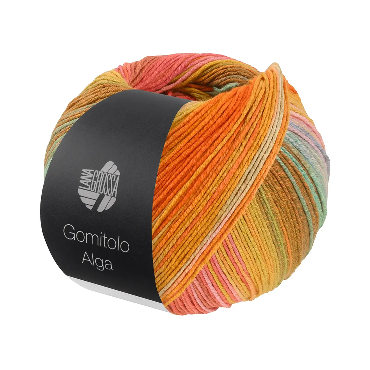 Gomitolo Alga 2022 Gelbgrün/Gelb-/Rotorange/Lachs/Weiß/Türkis/Ocker/Zartgrün/Rosa von Lana Grossa. Baumwollmischgarn mit Bambus & Seacell-Fasern in einem mehrfarbigen bunten Streifenverlauf