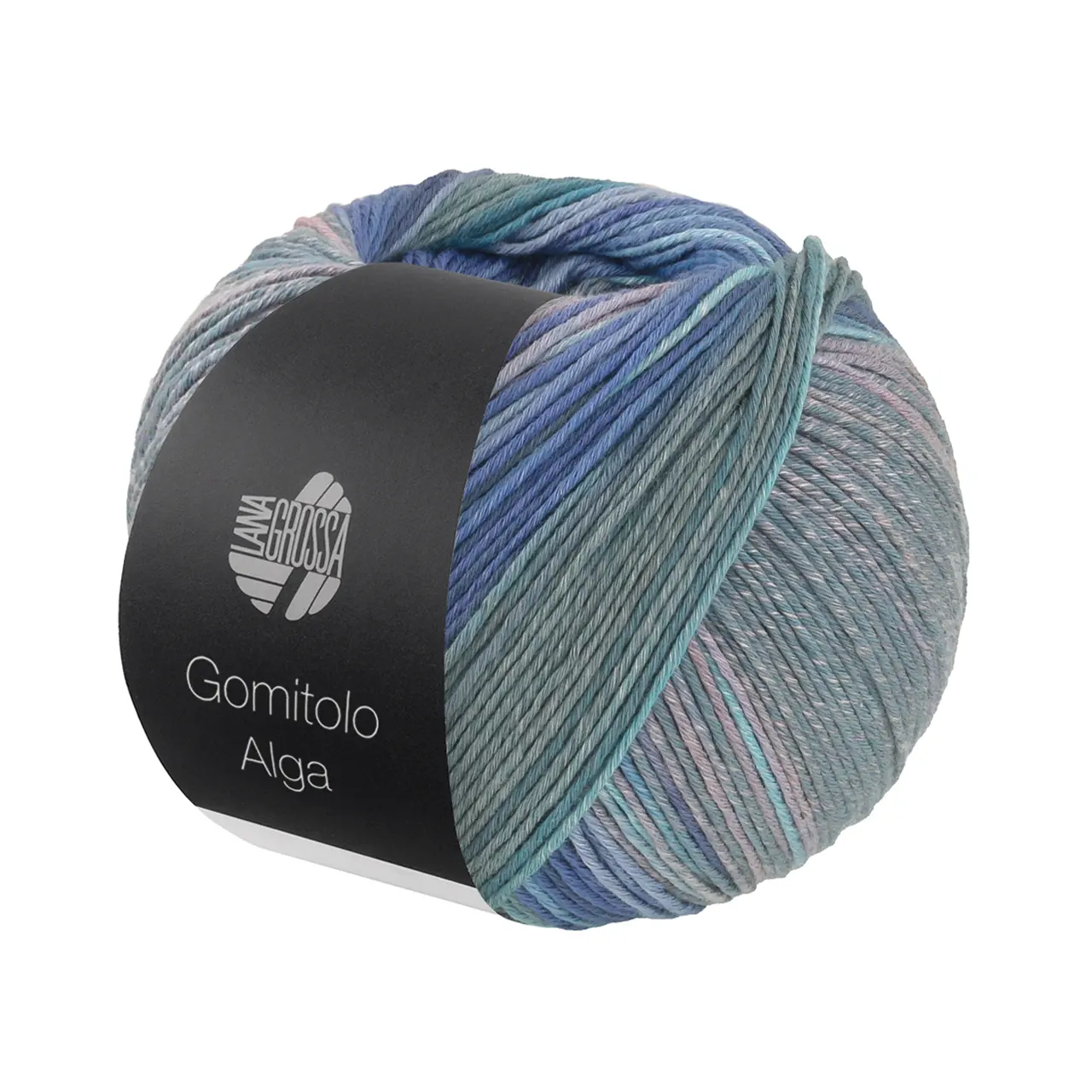 Gomitolo Alga 2024 Weiß/Hell-/Dunkel-/Eisblau/Grau/Türkis/Petrol/Altrosa von Lana Grossa. Baumwollmischgarn mit Bambus & Seacell-Fasern in einem mehrfarbigen bunten Streifenverlauf