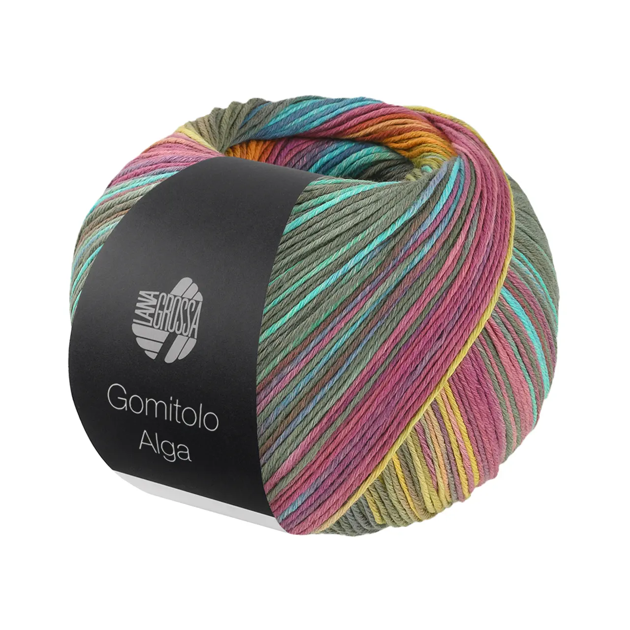Gomitolo Alga 2027 Graugrün/Türkis/Fuchsia/Gelb/Frühlingsgrün/Orange/Oliv/Himmelblau/Blau/Altrosa/Weiß von Lana Grossa. Baumwollmischgarn mit Bambus & Seacell-Fasern in einem mehrfarbigen bunten Streifenverlauf