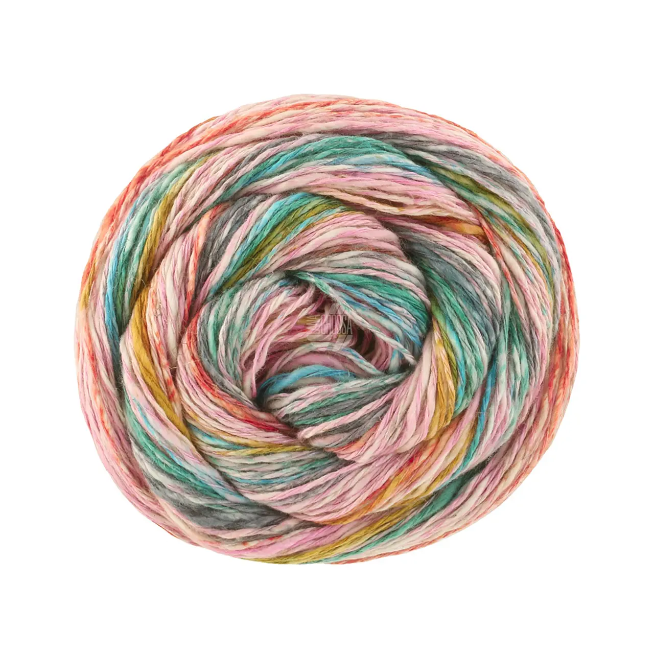 Gomitolo California 3041 Rosa/Senf/Türkis/Dunkelgrün/Graublau/Rost von Lana Grossa. Strukturiertes Baumwoll-Leinengarn mit Hanffasern und farbenfrohen Effektstreifen-Druck direkt aus d