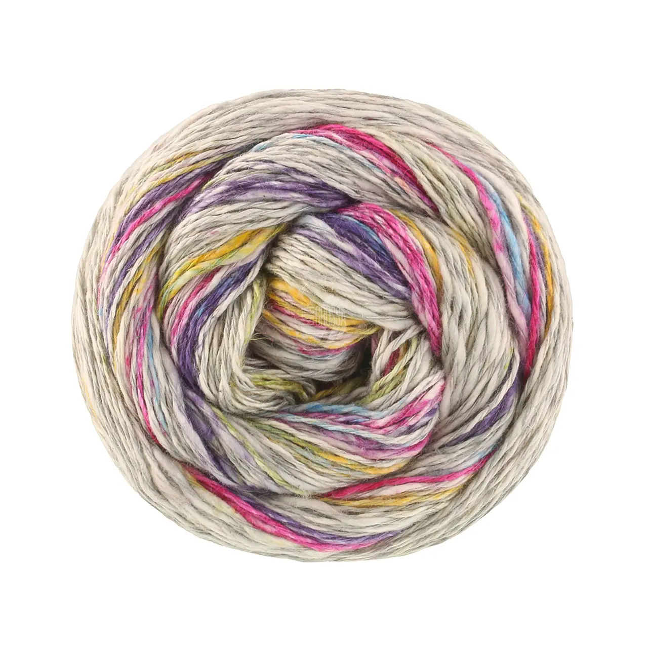 Gomitolo California 3042 Hellgrau/Blauviolett/Türkis/Fuchsia/Safrangelb/Pistazie von Lana Grossa. Strukturiertes Baumwoll-Leinengarn mit Hanffasern und farbenfrohen Effektstreifen-Druck direkt aus d
