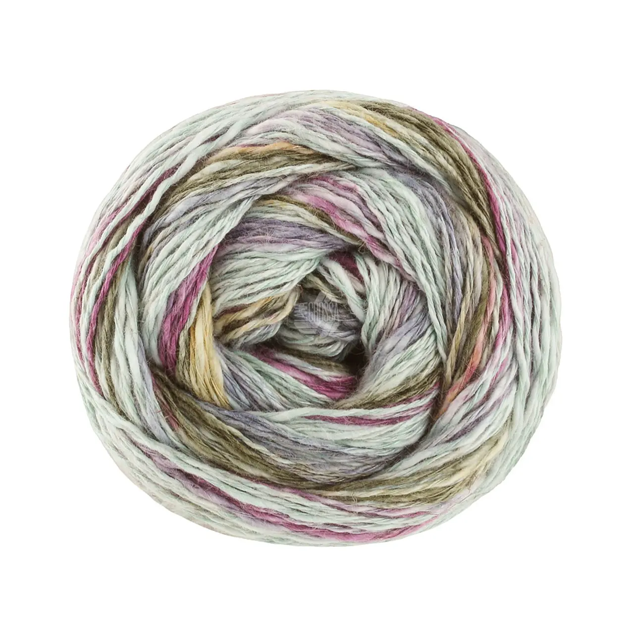 Gomitolo California 3044 Mint/Graublau/-Grün/Rotviolett/Lavendel/Safrangelb von Lana Grossa. Strukturiertes Baumwoll-Leinengarn mit Hanffasern und farbenfrohen Effektstreifen-Druck direkt aus d