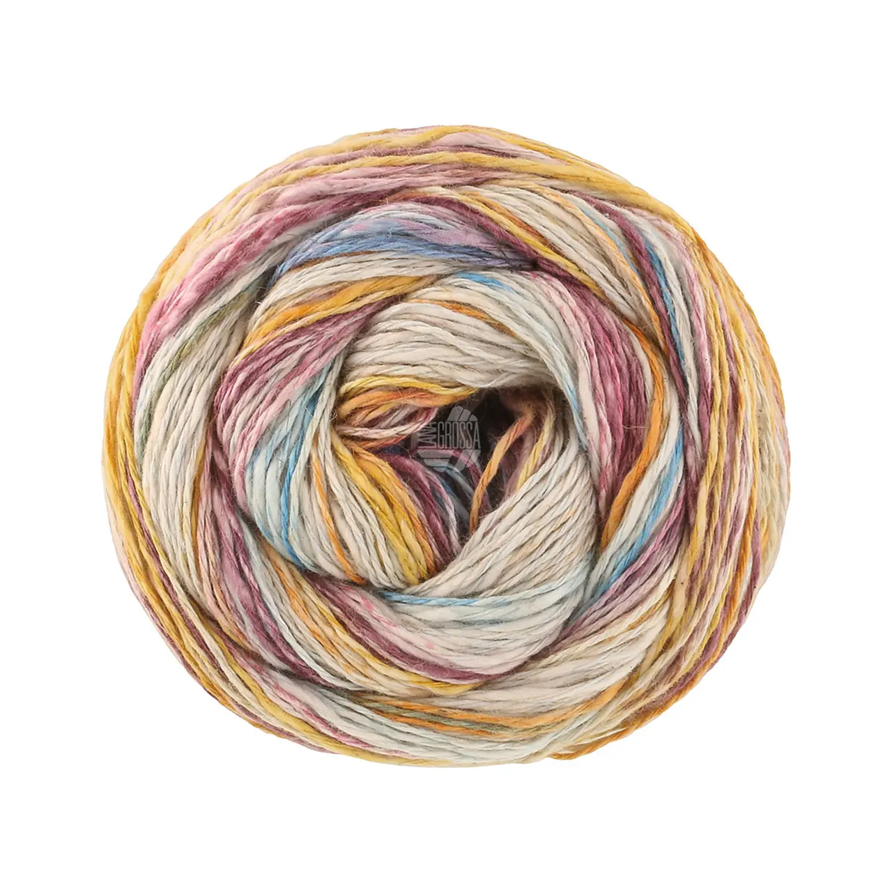 Gomitolo California 3046 Zart-/Himmelblau/Ocker/Safrangelb/Brombeer/Beere von Lana Grossa. Strukturiertes Baumwoll-Leinengarn mit Hanffasern und farbenfrohen Effektstreifen-Druck direkt aus d