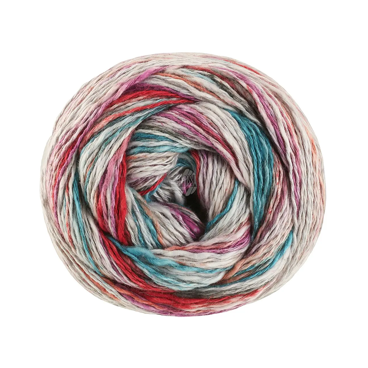 Gomitolo California 3048 Silber-/Dunkelgrau/Petrol/Rostrot/Fuchsia/Altrosa von Lana Grossa. Strukturiertes Baumwoll-Leinengarn mit Hanffasern und farbenfrohen Effektstreifen-Druck direkt aus d