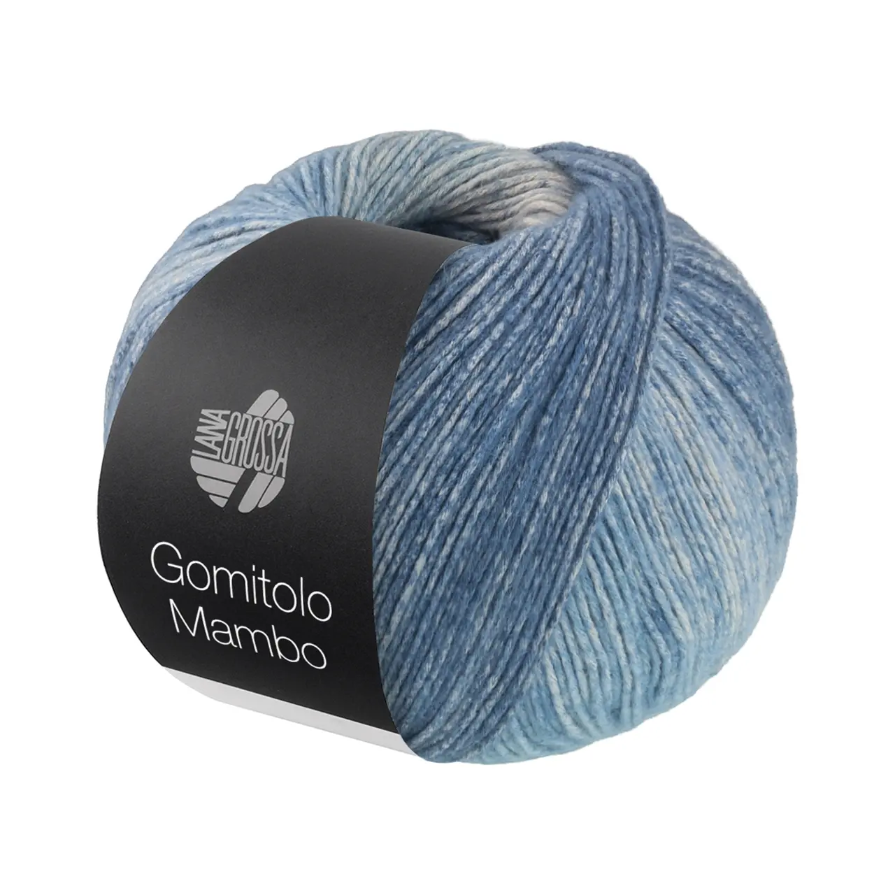 Gomitolo Mambo 2039 Jeansblau/Hellgrau/Grau-/Himmelblau von Lana Grossa. Flauschig weiches Baumwollgarn mit interessantem Streifen-Farbverlauf direkt aus dem Knäuel