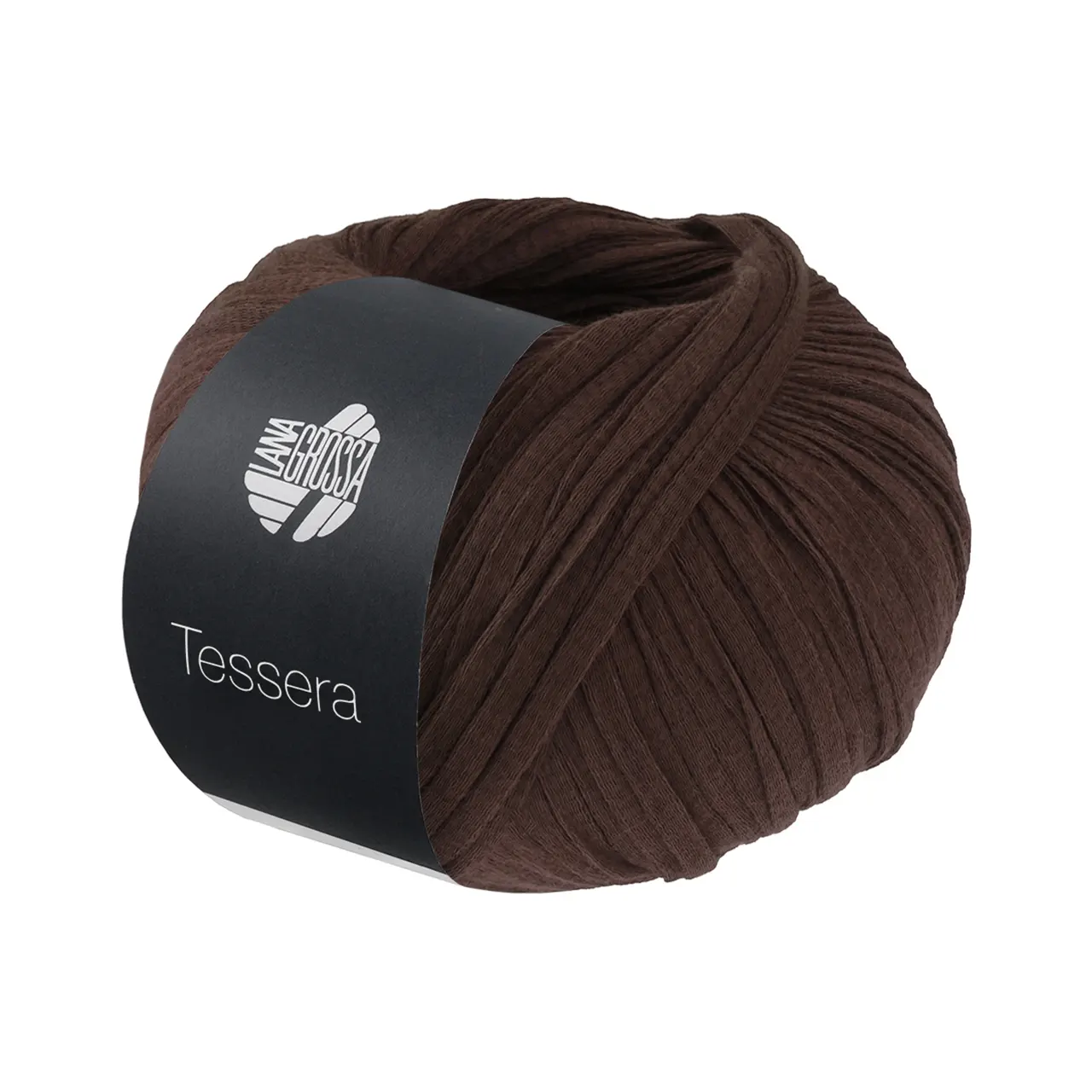 Tessera 17 Dunkelbraun von Lana Grossa. Hochwertiges schmales Baumwoll-Bändchengarn in matter-papierfeiner Optik