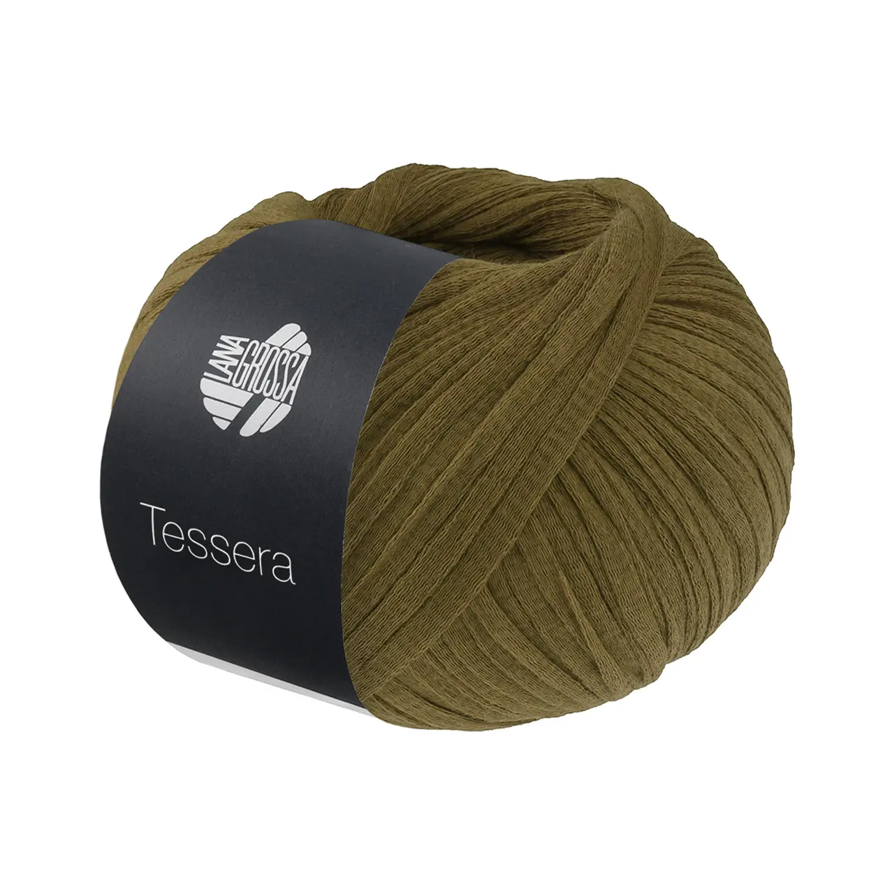 Tessera 18 Grünbraun von Lana Grossa. Hochwertiges schmales Baumwoll-Bändchengarn in matter-papierfeiner Optik