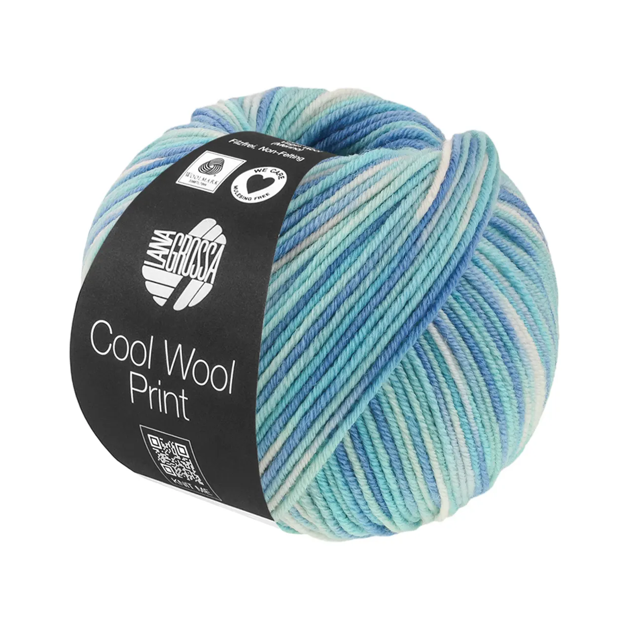 Cool Wool Print 844 Türkis/Hell-/Azurblau/Rohweiß von Lana Grossa. Extrafeine Merinowolle waschmaschinenfest und filzfrei