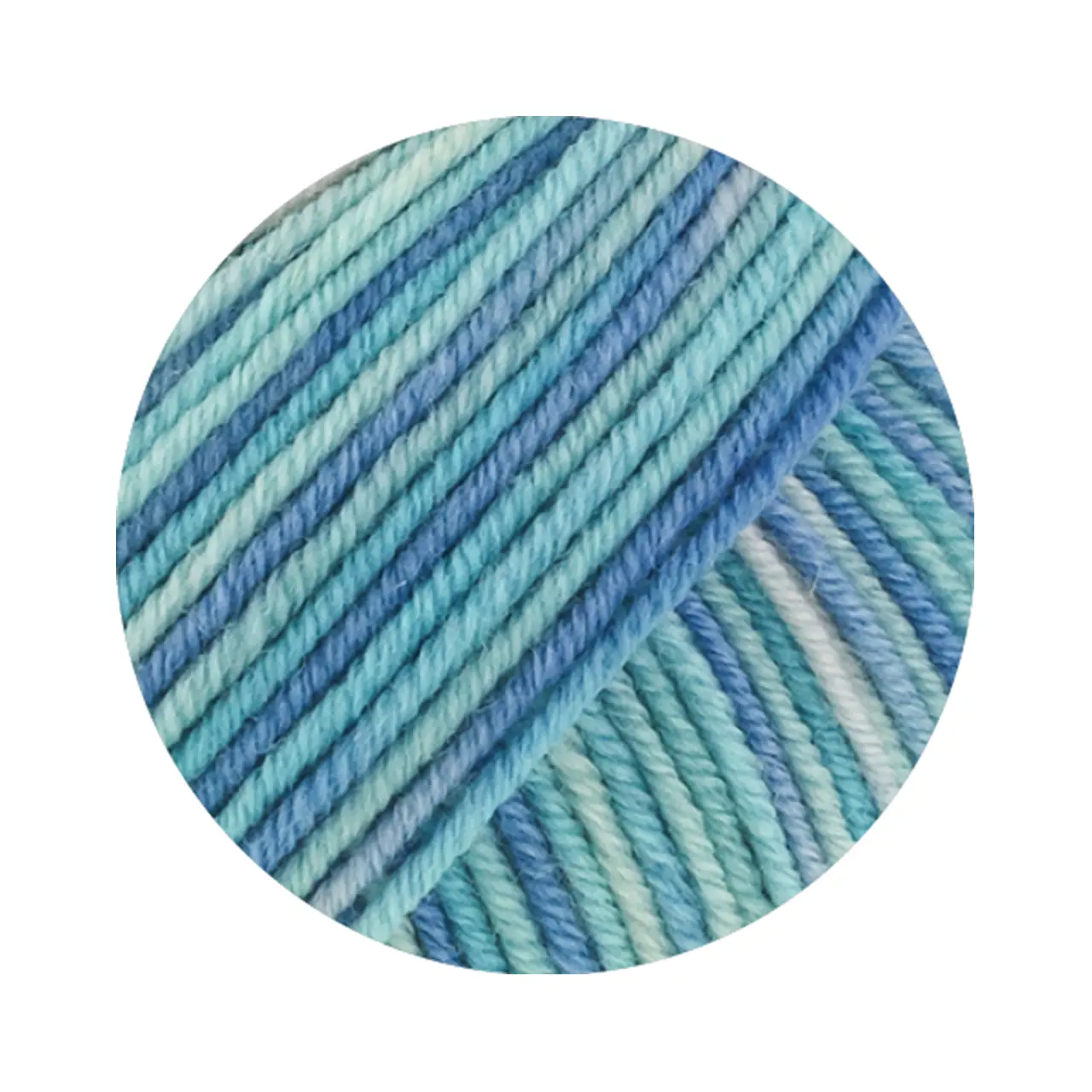 Cool Wool Print 844 Türkis/Hell-/Azurblau/Rohweiß von Lana Grossa. Extrafeine Merinowolle waschmaschinenfest und filzfrei