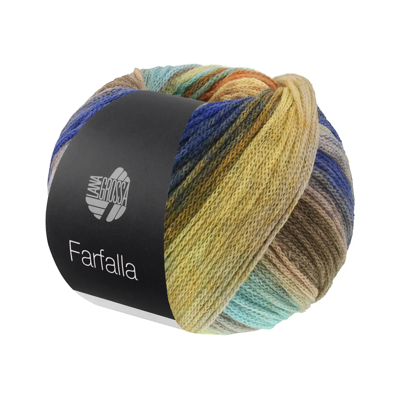 Farfalla 14 Gelb/Türkis/Ocker/Beige/Mokka/Orange/Dunkelblau/Jade/Grau/Rost von Lana Grossa. Leichtes Kettengarn aus weicher Merinowolle mit effektvollem Streifenmuster