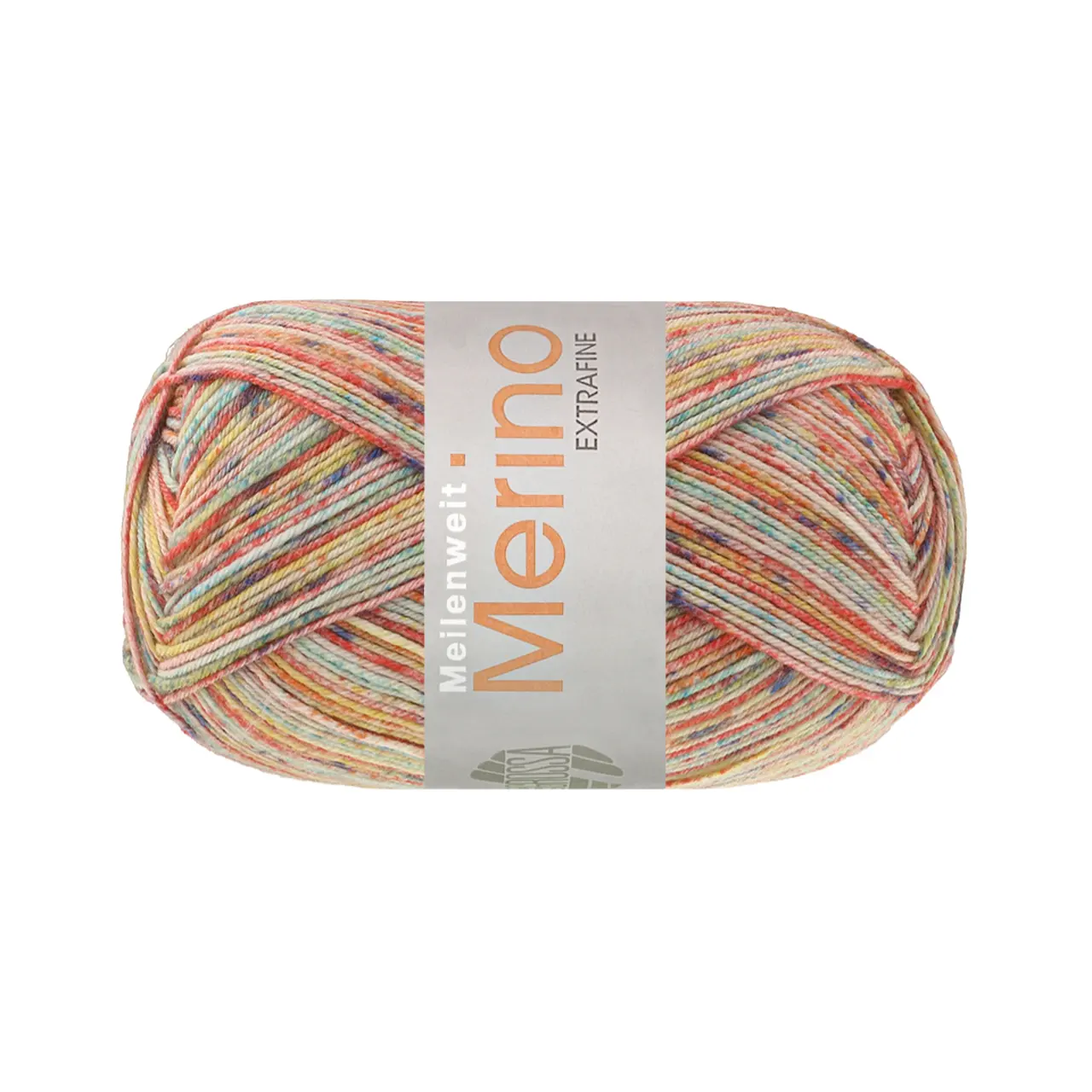Meilenweit 100 Merino Extrafine Mountain 7602 Rot/Gelb/Türkis/Orange/Ecru/Dunkelgrau Gestreift von Lana Grossa. Sockengarn aus Merinowolle waschmaschinenfest
