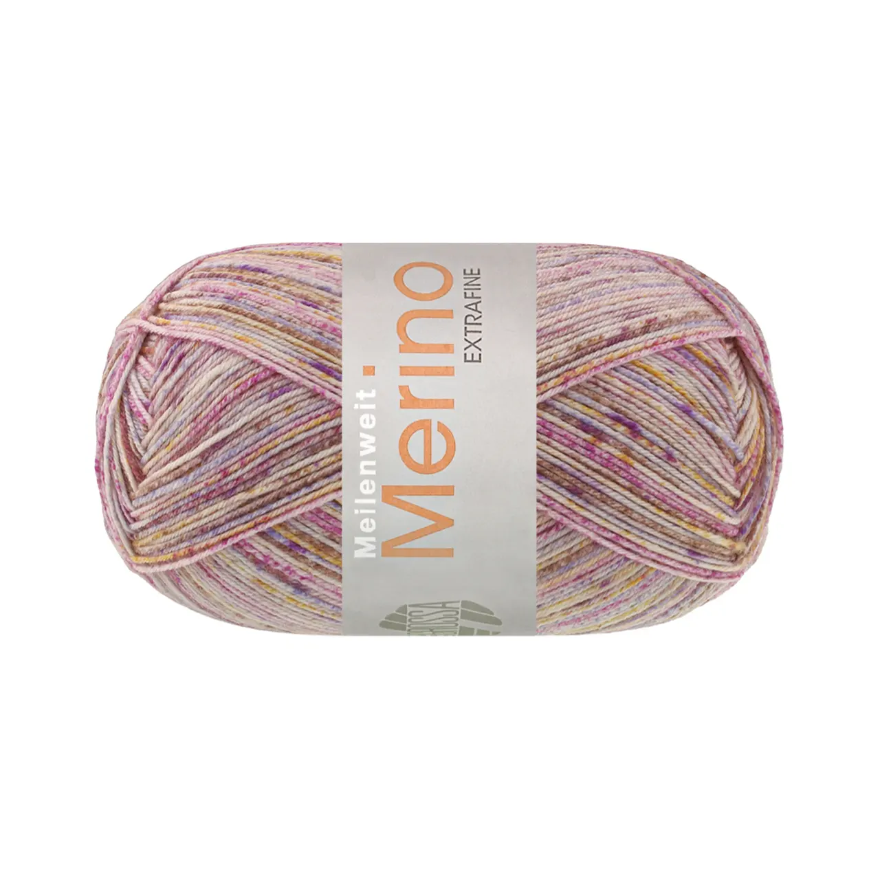 Meilenweit 100 Merino Extrafine Mountain 7605 Graubraun/Ecru/Grau-/Rotviolett/Maisgelb Gestreift von Lana Grossa. Sockengarn aus Merinowolle waschmaschinenfest