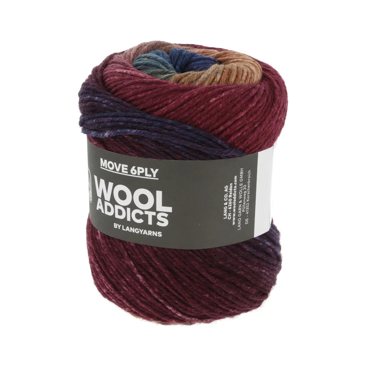Move 6-Fach 1 Wine/Cognac/Blue von Lang Yarns. MOVE is not just a sock yarn it's a vibrant celebration of hues that invites you to break free from the subdued palette of neutrals. With MOVE your knitting and crocheting projects are transformed into a kaleidoscope of colors infusing energy and excitement into every stitch. A colorful sturdy but soft 6-ply yarn for way more than just socks.