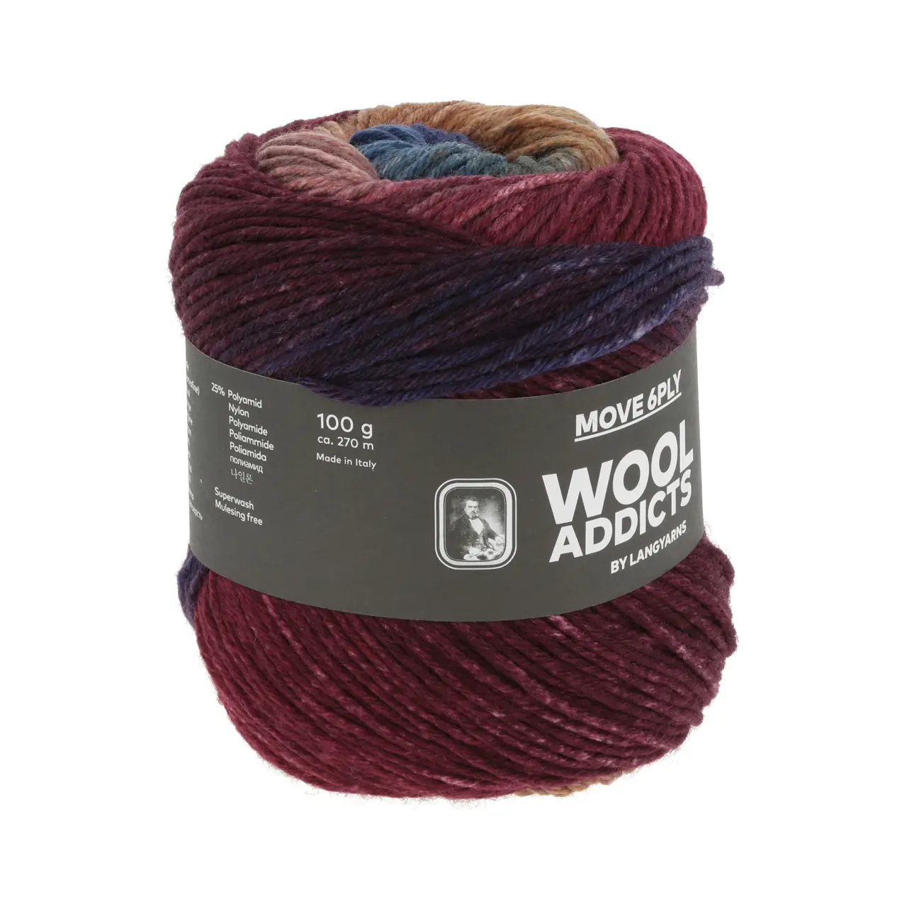 Move 6-Fach 1 Wine/Cognac/Blue von Lang Yarns. MOVE is not just a sock yarn it's a vibrant celebration of hues that invites you to break free from the subdued palette of neutrals. With MOVE your knitting and crocheting projects are transformed into a kaleidoscope of colors infusing energy and excitement into every stitch. A colorful sturdy but soft 6-ply yarn for way more than just socks.
