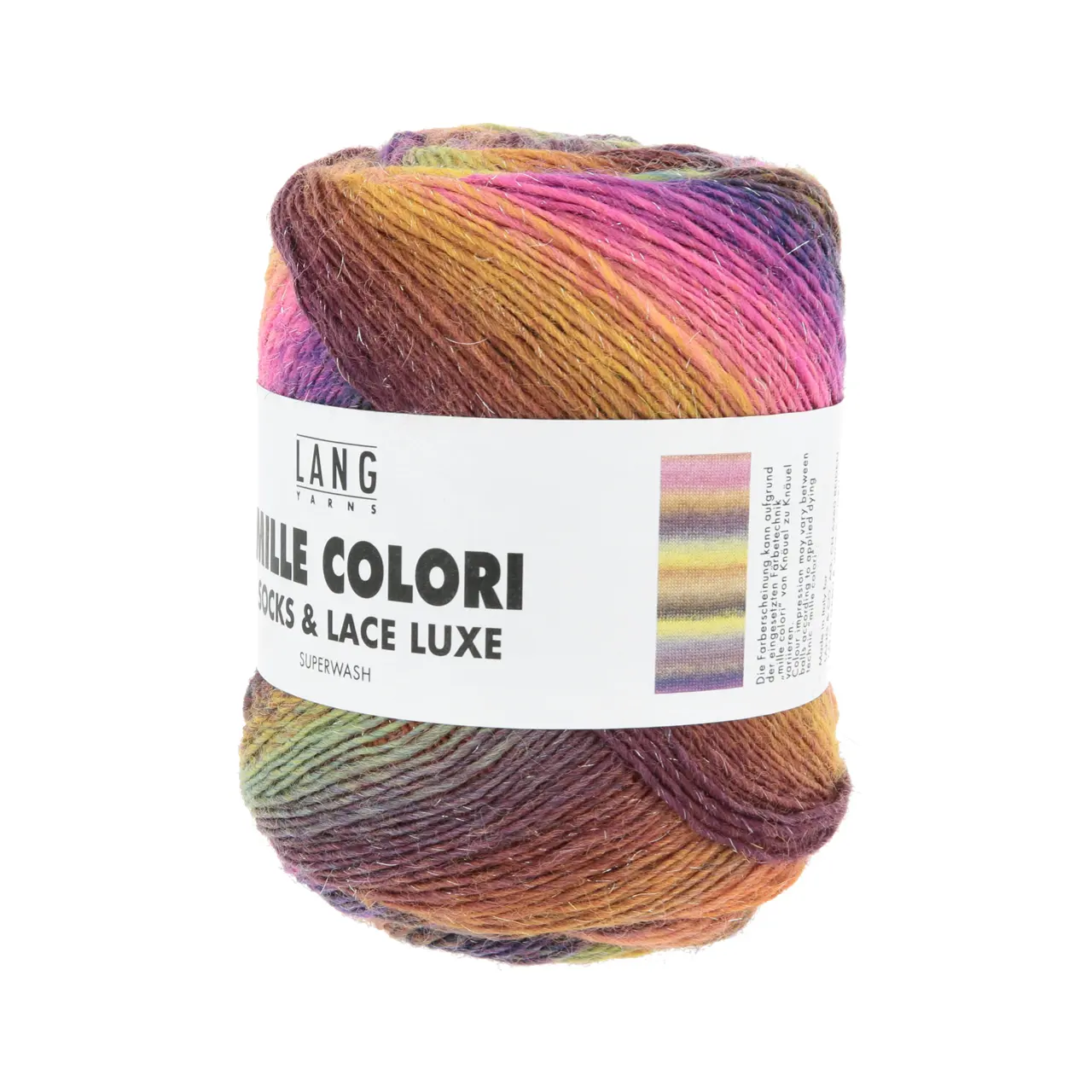 Mille Colori Socks & Lace Luxe 220 Hot Pink/Goldgelb/Braun von Lang Yarns. Das Garn wird seinem Namen gerecht – Tausend Farben vereinen sich hier welche jeden Knäuel zu einem Unikat machen. Versponnen mit modischen Metallic-Fasern erhält das Garn einen Hauch Glamour. Aufgrund der einzigartigen Farbigkeit ist es hervorragend geeignet für jegliche Accessoires insbesondere zum Häkeln und Stricken von Tüchern. Die Zusammensetzung und die Lauflänge machen Mille Colori Socks & Lace zu einem klassischen Sockengarn.