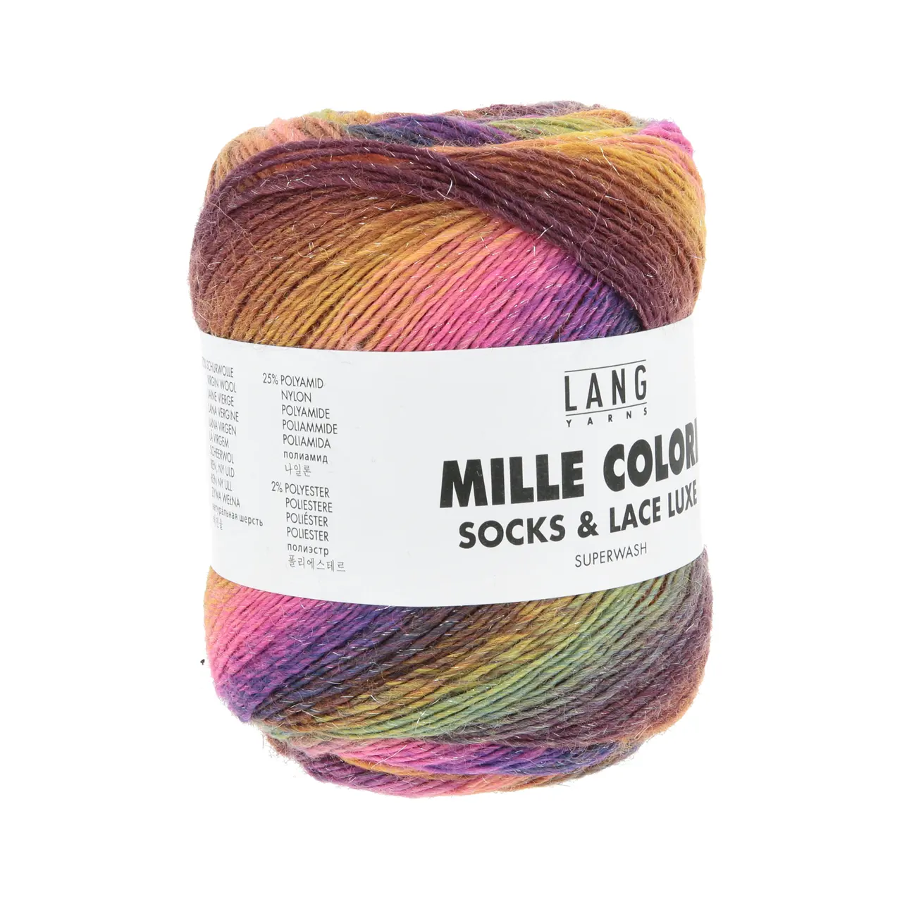 Mille Colori Socks & Lace Luxe 220 Hot Pink/Goldgelb/Braun von Lang Yarns. Das Garn wird seinem Namen gerecht – Tausend Farben vereinen sich hier welche jeden Knäuel zu einem Unikat machen. Versponnen mit modischen Metallic-Fasern erhält das Garn einen Hauch Glamour. Aufgrund der einzigartigen Farbigkeit ist es hervorragend geeignet für jegliche Accessoires insbesondere zum Häkeln und Stricken von Tüchern. Die Zusammensetzung und die Lauflänge machen Mille Colori Socks & Lace zu einem klassischen Sockengarn.