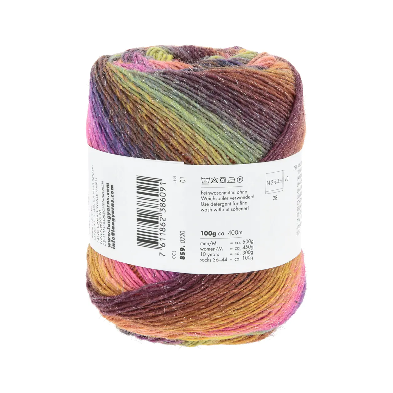 Mille Colori Socks & Lace Luxe 220 Hot Pink/Goldgelb/Braun von Lang Yarns. Das Garn wird seinem Namen gerecht – Tausend Farben vereinen sich hier welche jeden Knäuel zu einem Unikat machen. Versponnen mit modischen Metallic-Fasern erhält das Garn einen Hauch Glamour. Aufgrund der einzigartigen Farbigkeit ist es hervorragend geeignet für jegliche Accessoires insbesondere zum Häkeln und Stricken von Tüchern. Die Zusammensetzung und die Lauflänge machen Mille Colori Socks & Lace zu einem klassischen Sockengarn.