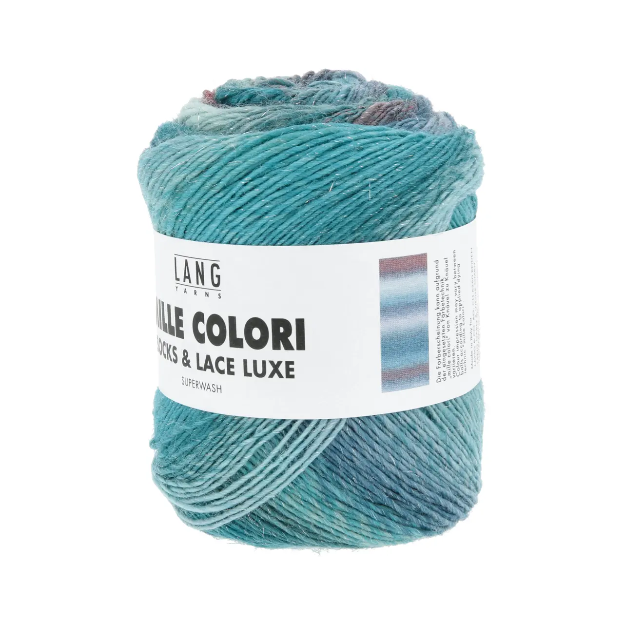 Mille Colori Socks & Lace Luxe 221 Petrol/Helltürkis/Smaragd von Lang Yarns. Das Garn wird seinem Namen gerecht – Tausend Farben vereinen sich hier welche jeden Knäuel zu einem Unikat machen. Versponnen mit modischen Metallic-Fasern erhält das Garn einen Hauch Glamour. Aufgrund der einzigartigen Farbigkeit ist es hervorragend geeignet für jegliche Accessoires insbesondere zum Häkeln und Stricken von Tüchern. Die Zusammensetzung und die Lauflänge machen Mille Colori Socks & Lace zu einem klassischen Sockengarn.