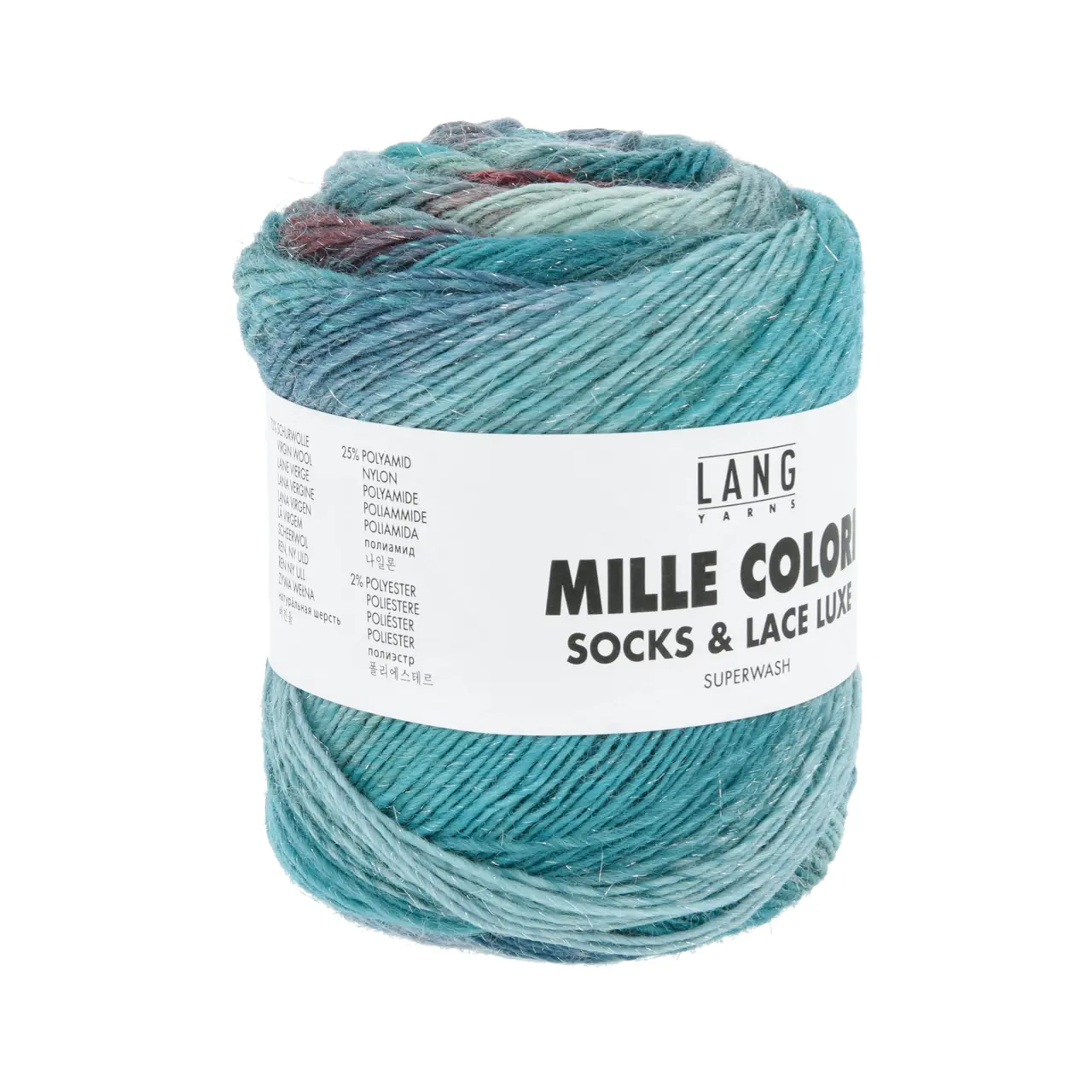 Mille Colori Socks & Lace Luxe 221 Petrol/Helltürkis/Smaragd von Lang Yarns. Das Garn wird seinem Namen gerecht – Tausend Farben vereinen sich hier welche jeden Knäuel zu einem Unikat machen. Versponnen mit modischen Metallic-Fasern erhält das Garn einen Hauch Glamour. Aufgrund der einzigartigen Farbigkeit ist es hervorragend geeignet für jegliche Accessoires insbesondere zum Häkeln und Stricken von Tüchern. Die Zusammensetzung und die Lauflänge machen Mille Colori Socks & Lace zu einem klassischen Sockengarn.