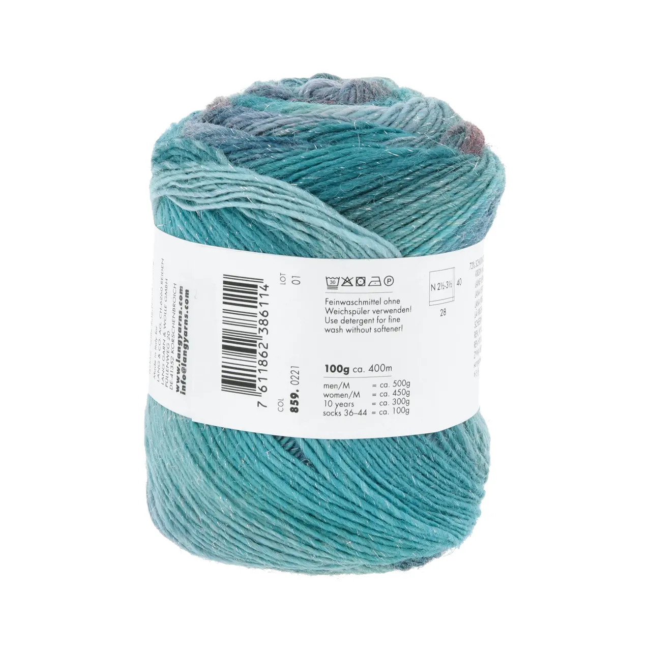 Mille Colori Socks & Lace Luxe 221 Petrol/Helltürkis/Smaragd von Lang Yarns. Das Garn wird seinem Namen gerecht – Tausend Farben vereinen sich hier welche jeden Knäuel zu einem Unikat machen. Versponnen mit modischen Metallic-Fasern erhält das Garn einen Hauch Glamour. Aufgrund der einzigartigen Farbigkeit ist es hervorragend geeignet für jegliche Accessoires insbesondere zum Häkeln und Stricken von Tüchern. Die Zusammensetzung und die Lauflänge machen Mille Colori Socks & Lace zu einem klassischen Sockengarn.