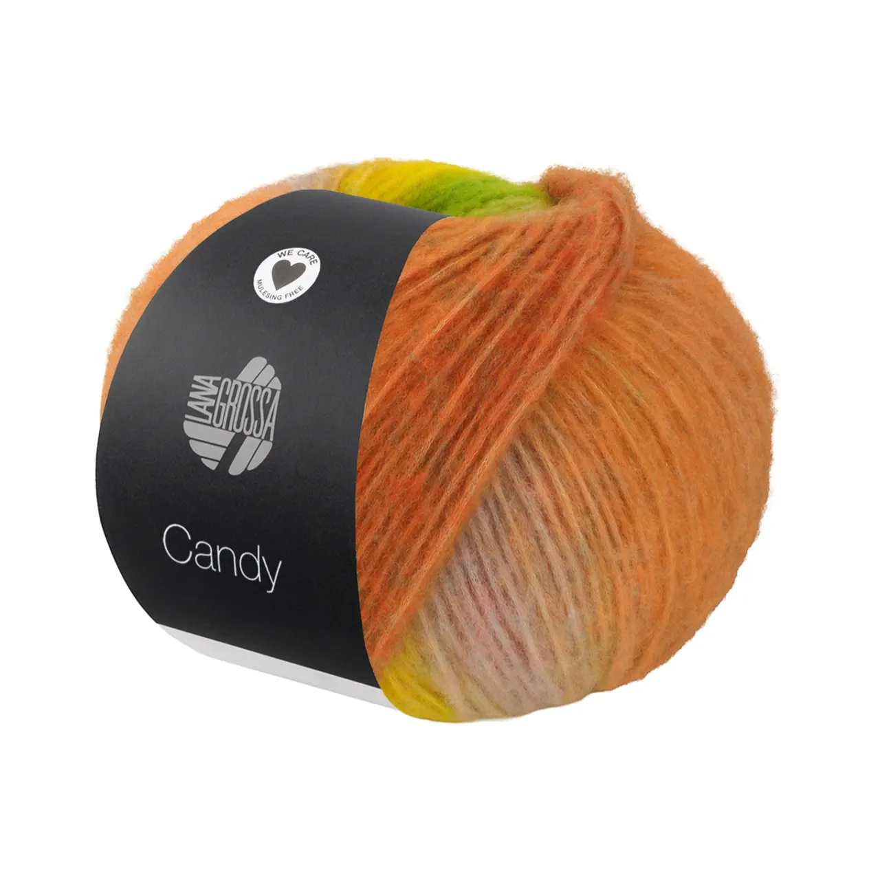 Candy 1 Alt-/Graurosa/Graubeige/Gelbgrün/Gelb/Camel/Beige/Mint/Orange/Blau/Schlamm/Hellgrau von Lana Grossa. Effektgarn aus flauschigen Merinofasern mit vielfarbigem unregelmäßigen Streifeneffekt