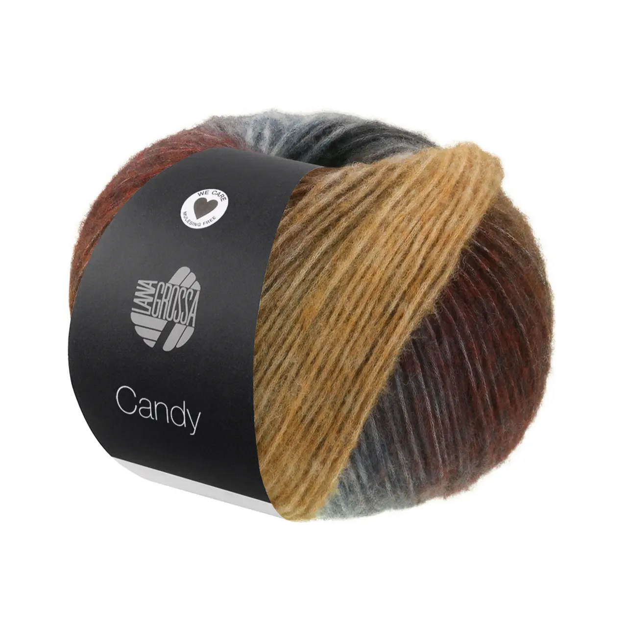Candy 10 Hellgrau/Grau/Dunkelgrau/Schwarz/Dunkel-/Graubraun/Camel/Stahlblau/Rotbraun/Rosenholz/Wollweiß von Lana Grossa. Effektgarn aus flauschigen Merinofasern mit vielfarbigem unregelmäßigen Streifeneffekt