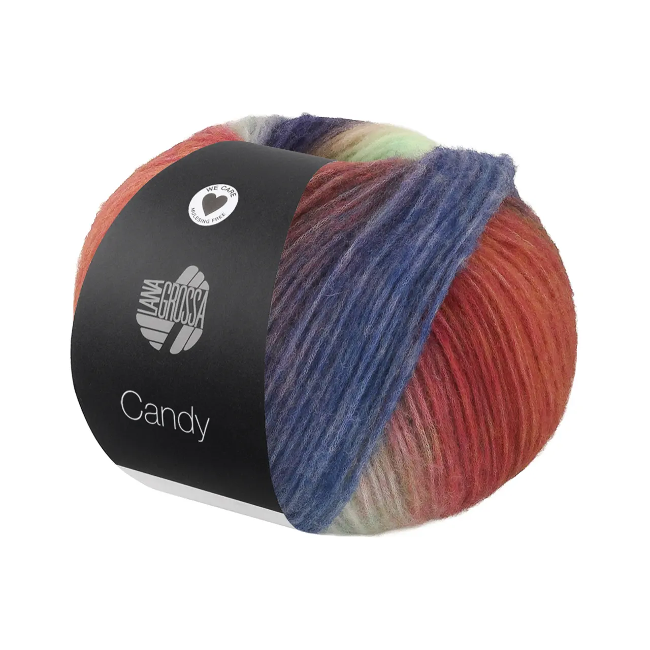 Candy 4 Camel/Mint/Dunkelbraun/-Blau/-Grau/Rost/Dun- Kelviolett/Taupe/Graubeige/Türkis/Grün/Gelbgrün von Lana Grossa. Effektgarn aus flauschigen Merinofasern mit vielfarbigem unregelmäßigen Streifeneffekt