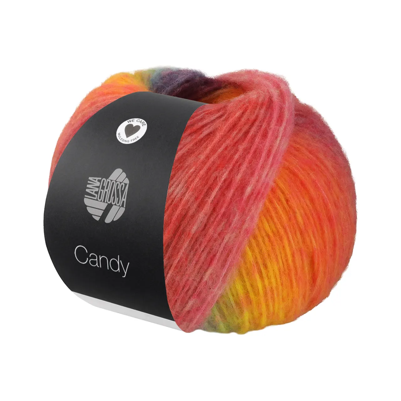 Candy 5 Apricot/Orange/Dunkelviolett/Lila/Gelb/Gelbgrün/Mint/Fuchsia/Rot/Pink/Rosa/Dunkelrot von Lana Grossa. Effektgarn aus flauschigen Merinofasern mit vielfarbigem unregelmäßigen Streifeneffekt