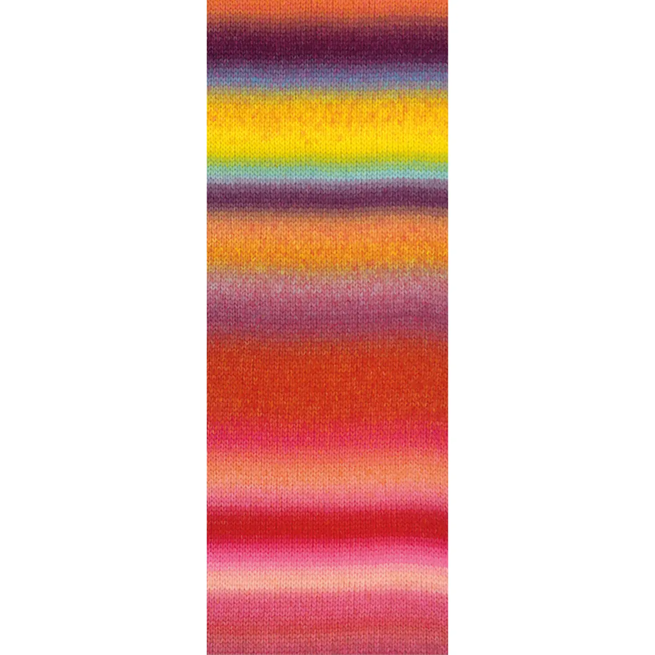 Candy 5 Apricot/Orange/Dunkelviolett/Lila/Gelb/Gelbgrün/Mint/Fuchsia/Rot/Pink/Rosa/Dunkelrot von Lana Grossa. Effektgarn aus flauschigen Merinofasern mit vielfarbigem unregelmäßigen Streifeneffekt