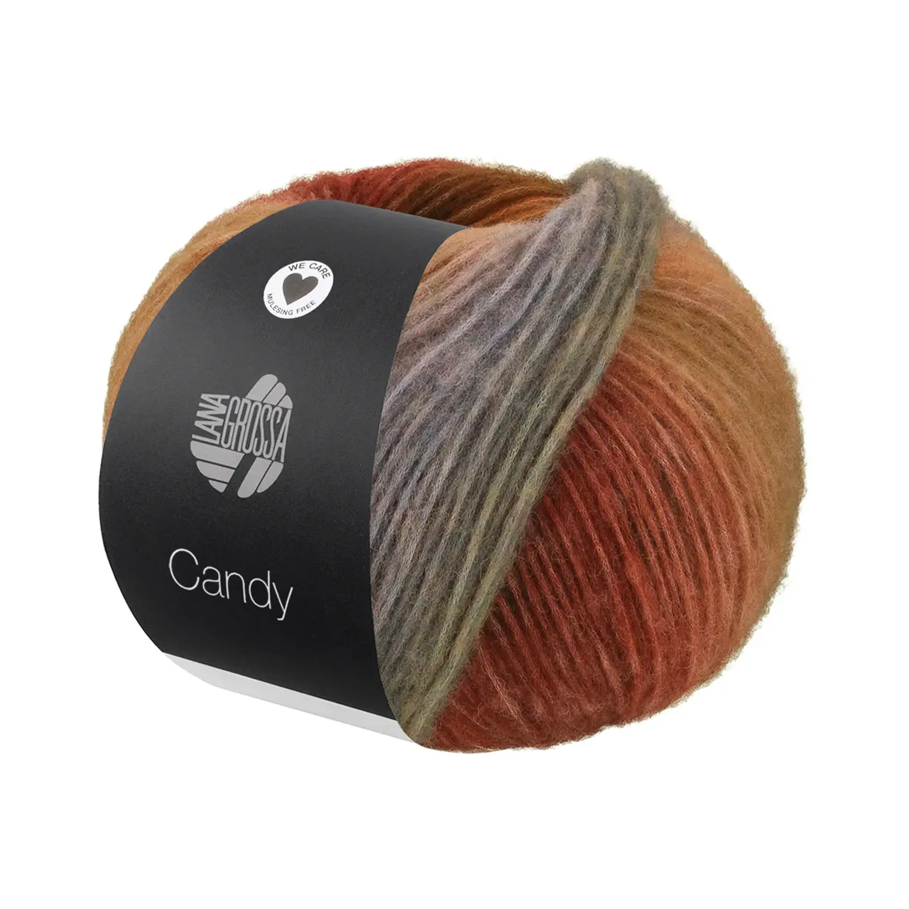 Candy 9 Nougat/Schoko-/Rostbraun/Stahlblau/Grün/Fuchsia/Pistazie/Mint/Türkis/Graublau/Violett von Lana Grossa. Effektgarn aus flauschigen Merinofasern mit vielfarbigem unregelmäßigen Streifeneffekt