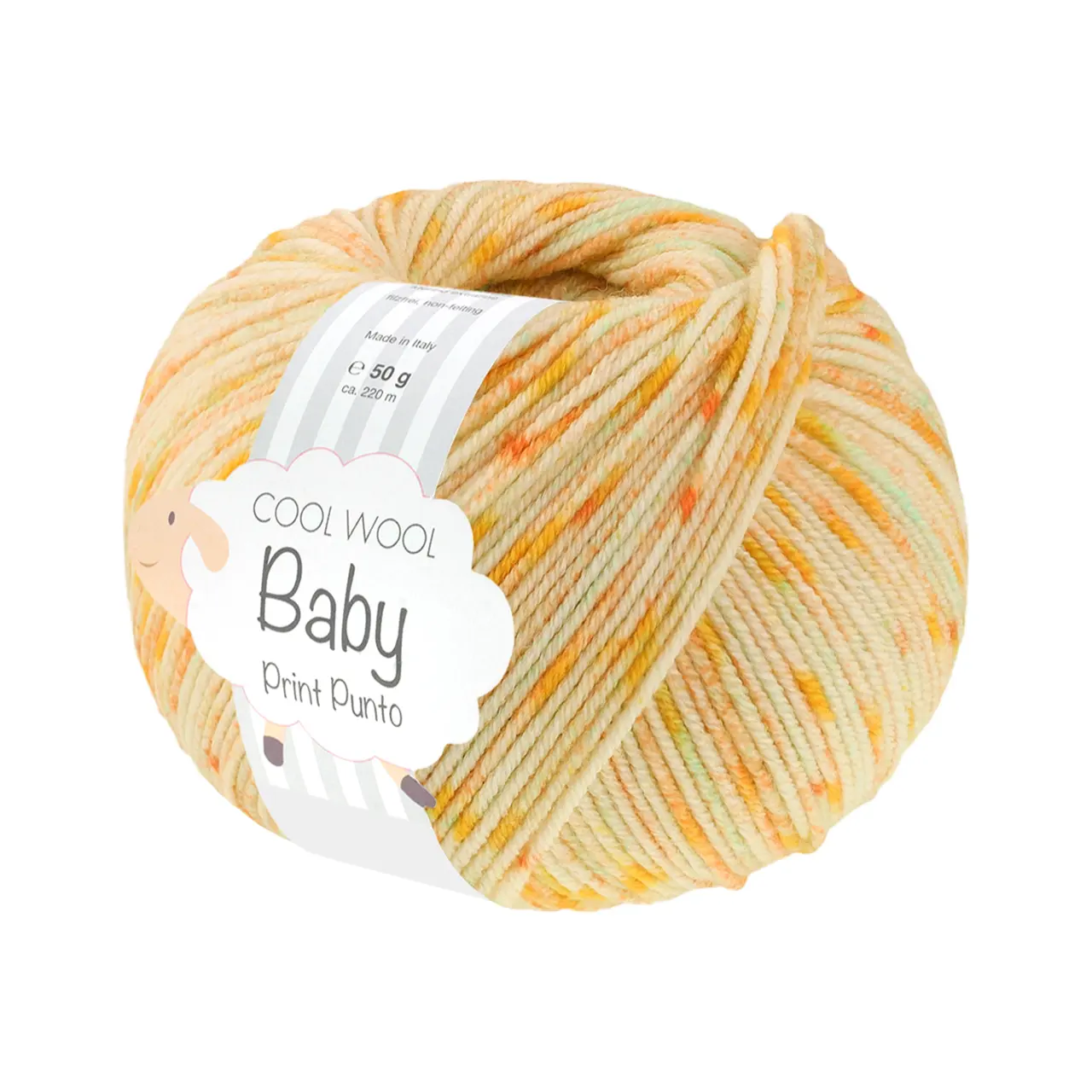 Cool Wool Baby Print 374 Zitrusgelb/Gelb/Türkis/Maigrün von Lana Grossa. 100% Schurwolle Merino filzfrei