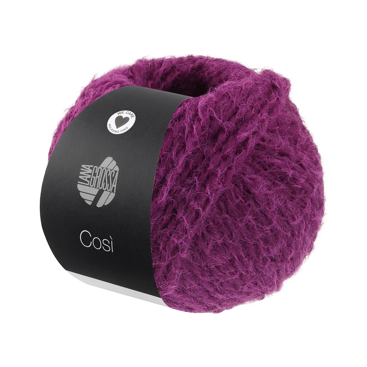 Cosi 12 Dunkelfuchsia von Lana Grossa. Weiches Merino-Dochtgarn locker verzwirnt mit einem kurzflorigen Effektgarn