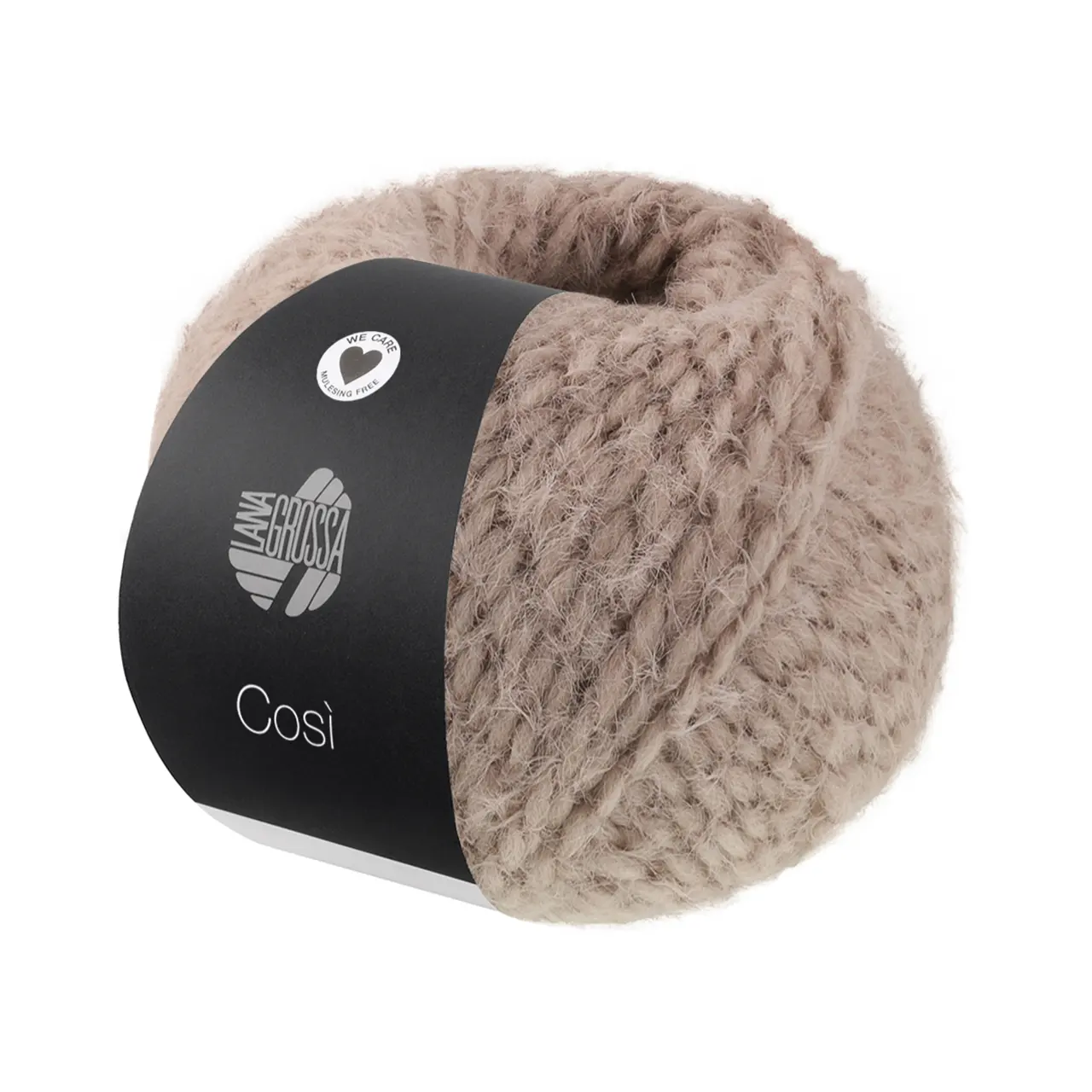 Cosi 4 Taupe von Lana Grossa. Weiches Merino-Dochtgarn locker verzwirnt mit einem kurzflorigen Effektgarn